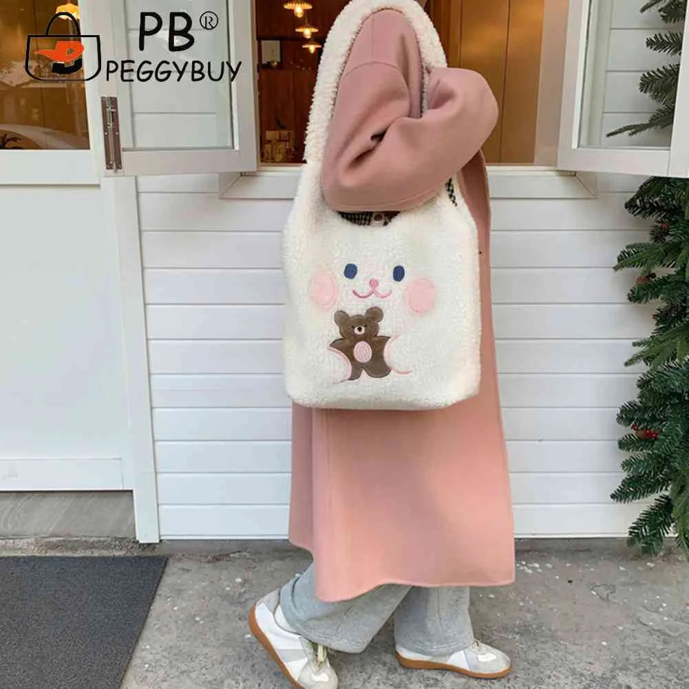 Embroidery Fleece Shoulder Bag for Women Girls