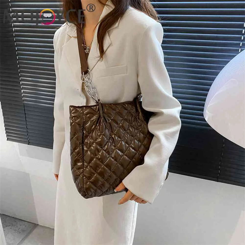 Quilted Cotton Padded Shoulder Bag Chain Shopper Women Travel Satchel