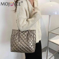 Quilted Cotton Padded Shoulder Bag Chain Shopper Women Travel Satchel