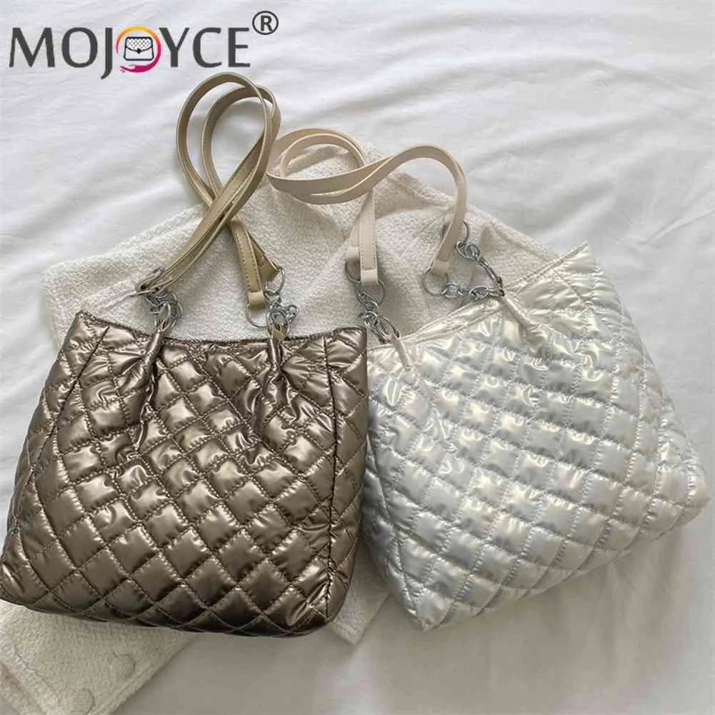 Quilted Cotton Padded Shoulder Bag Chain Shopper Women Travel Satchel