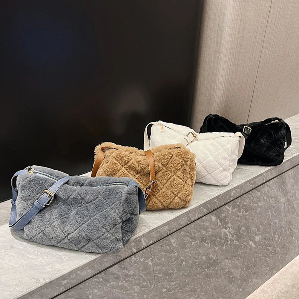 Rhombus Pattern Plush Women Handbags Casual Soft Portable