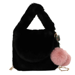 Soft Plush Fur Satchel Bag with Pompom Pendant