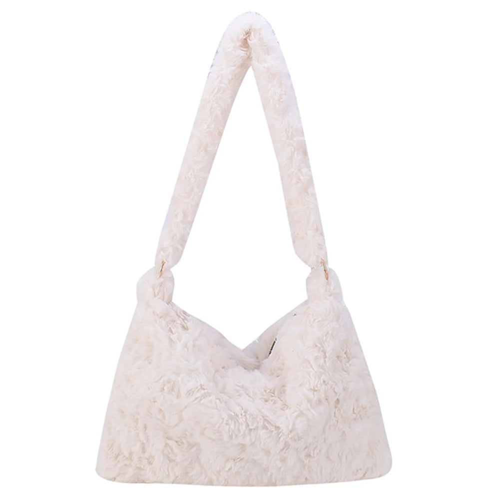Warm Retro Shoulder Handbag Soft Plush Zipper for Women