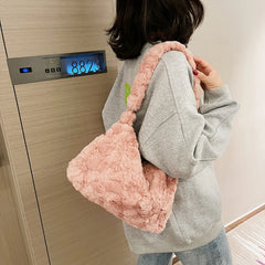 Warm Retro Shoulder Handbag Soft Plush Zipper for Women