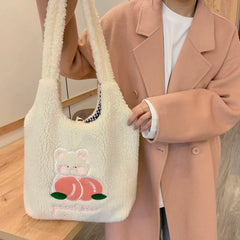 Embroidery Fleece Tote Bag for Women Large Capacity Handbag