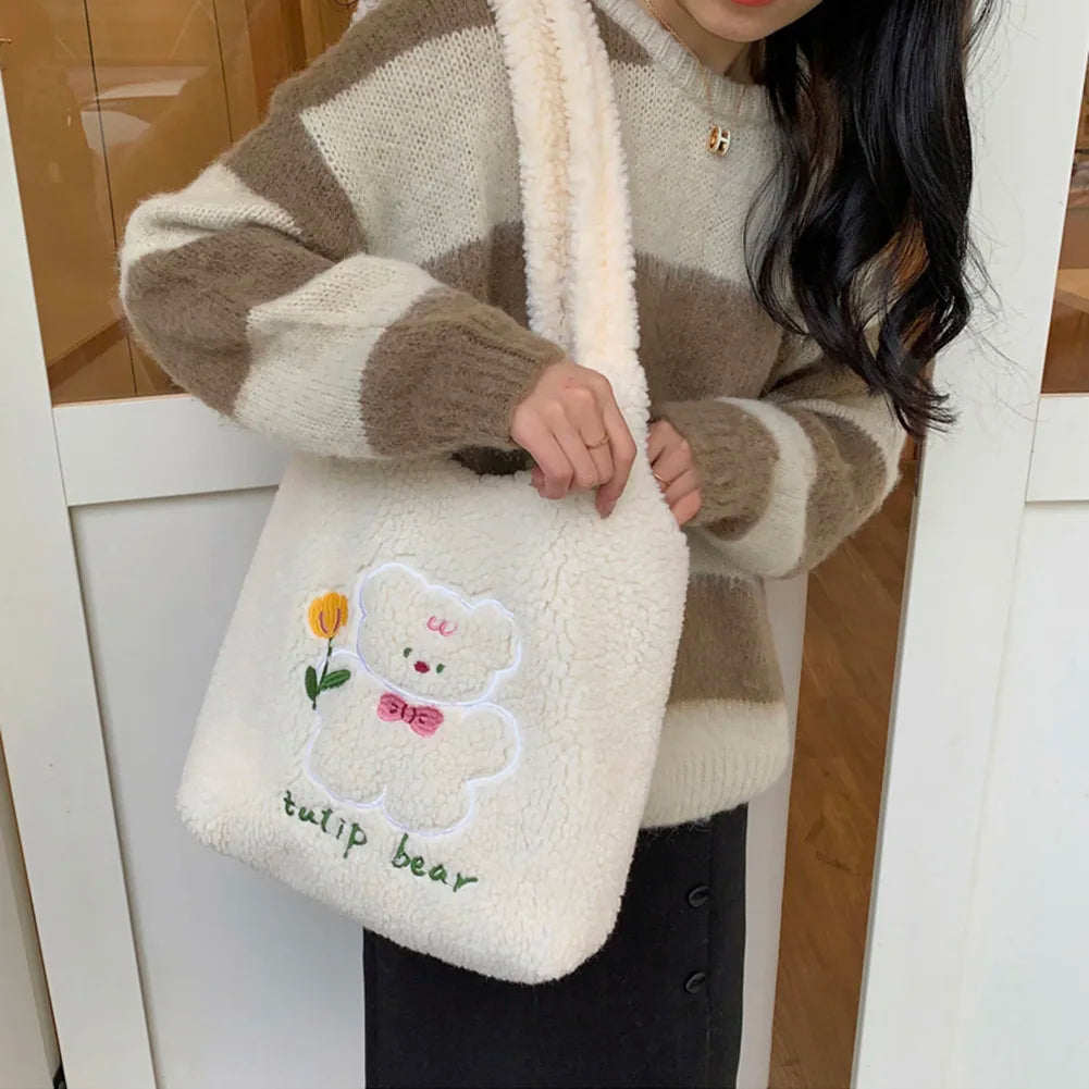 Embroidery Fleece Tote Bag for Women Large Capacity Handbag