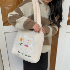 Embroidery Fleece Tote Bag for Women Large Capacity Handbag