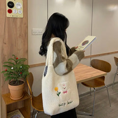 Embroidery Fleece Tote Bag for Women Large Capacity Handbag