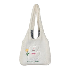 Embroidery Fleece Tote Bag for Women Large Capacity Handbag