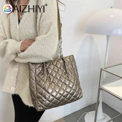 Quilted Cotton Padded Tote Bag Women Handbag Chain Solid Travel Satchel