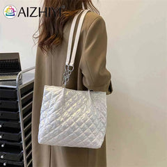 Quilted Cotton Padded Tote Bag Women Handbag Chain Solid Travel Satchel