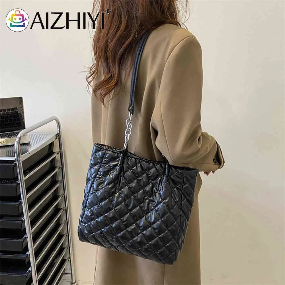 Quilted Cotton Padded Tote Bag Women Handbag Chain Solid Travel Satchel