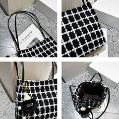Autumn Woolen Shoulder Bags Plaid Vintage Bucket Bag Large Capacity Tote Handbag