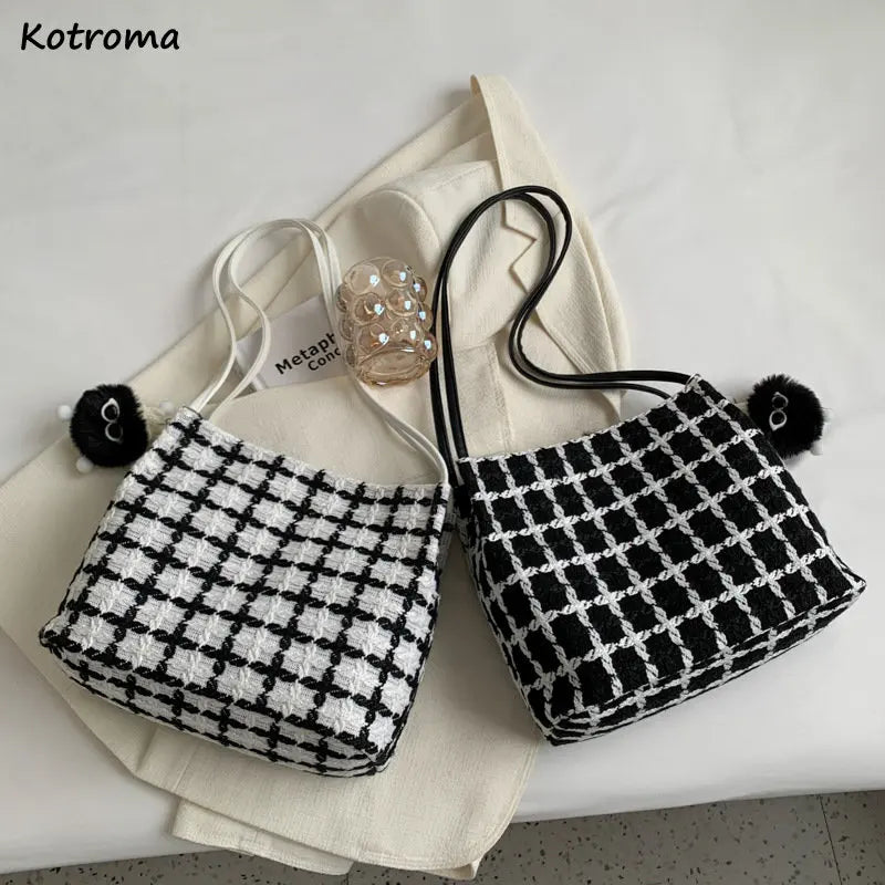Autumn Woolen Shoulder Bags Plaid Vintage Bucket Bag Large Capacity Tote Handbag