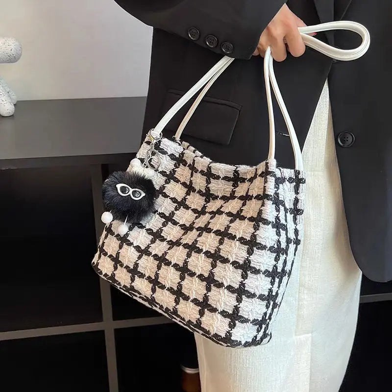 Autumn Woolen Shoulder Bags Plaid Vintage Bucket Bag Large Capacity Tote Handbag