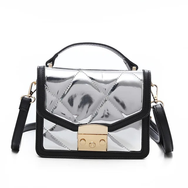 Glossy Pu Stitching Women Handbag Metal Lock Flap Shoulder Messenger Bag