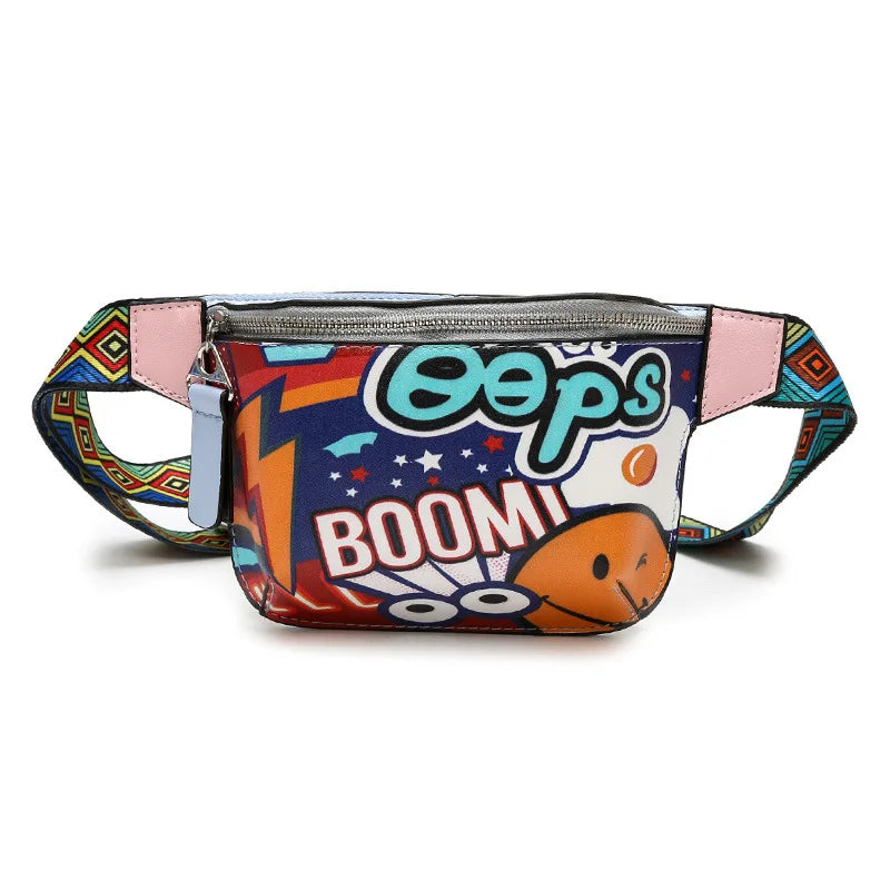 Women Chest Bag Print Graffiti PU Leather Waist Pack Casual Diagonal Female Bags