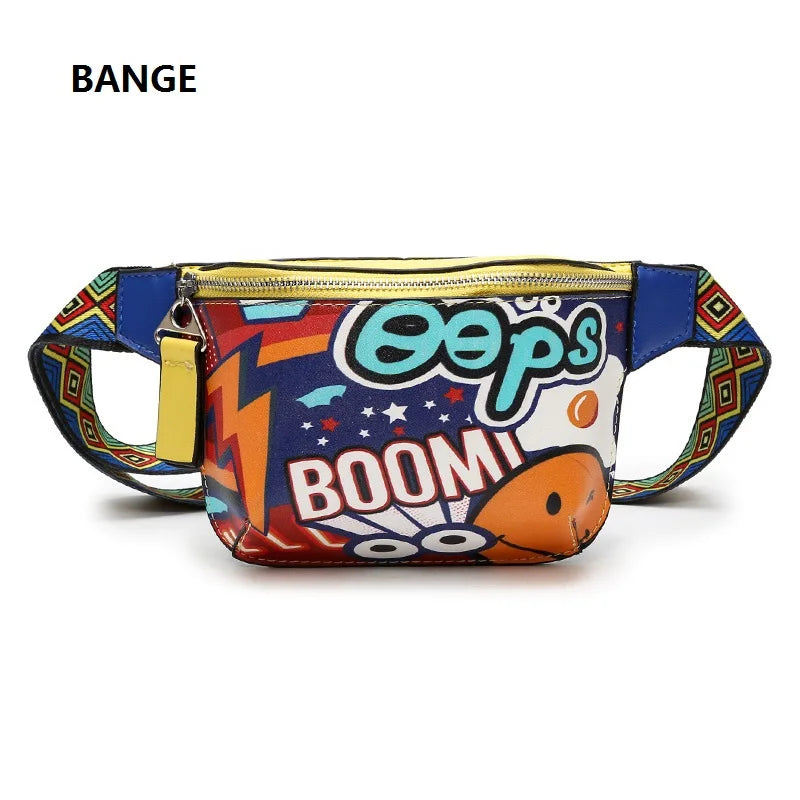 Women Chest Bag Print Graffiti PU Leather Waist Pack Casual Diagonal Female Bags