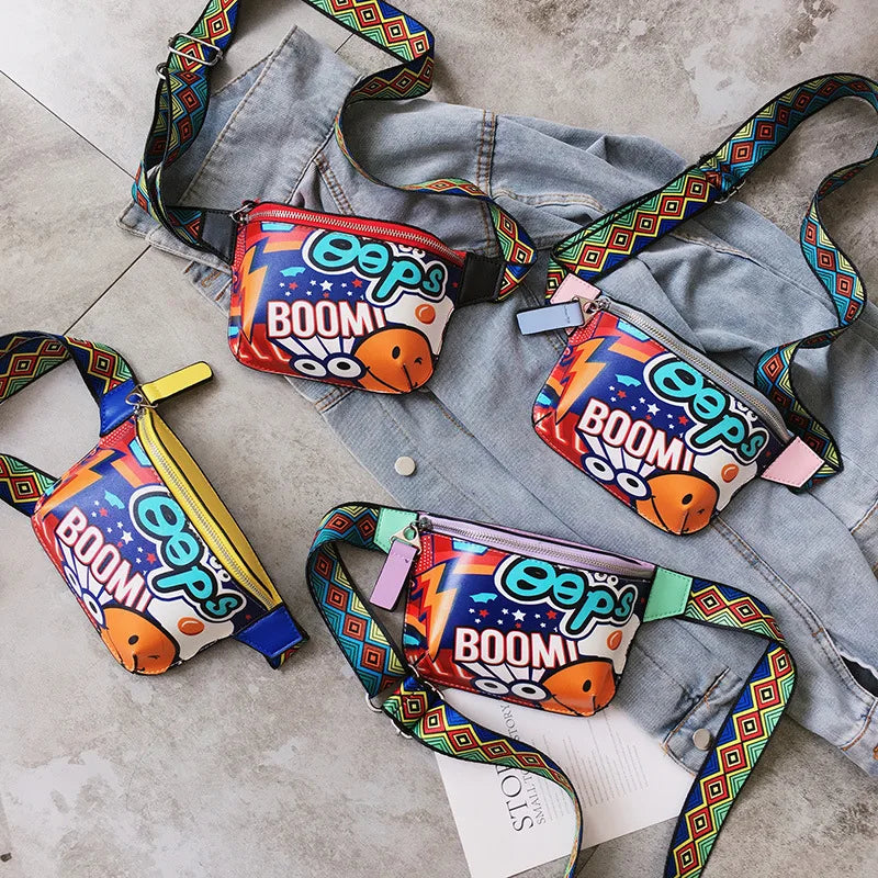 Women Chest Bag Print Graffiti PU Leather Waist Pack Casual Diagonal Female Bags