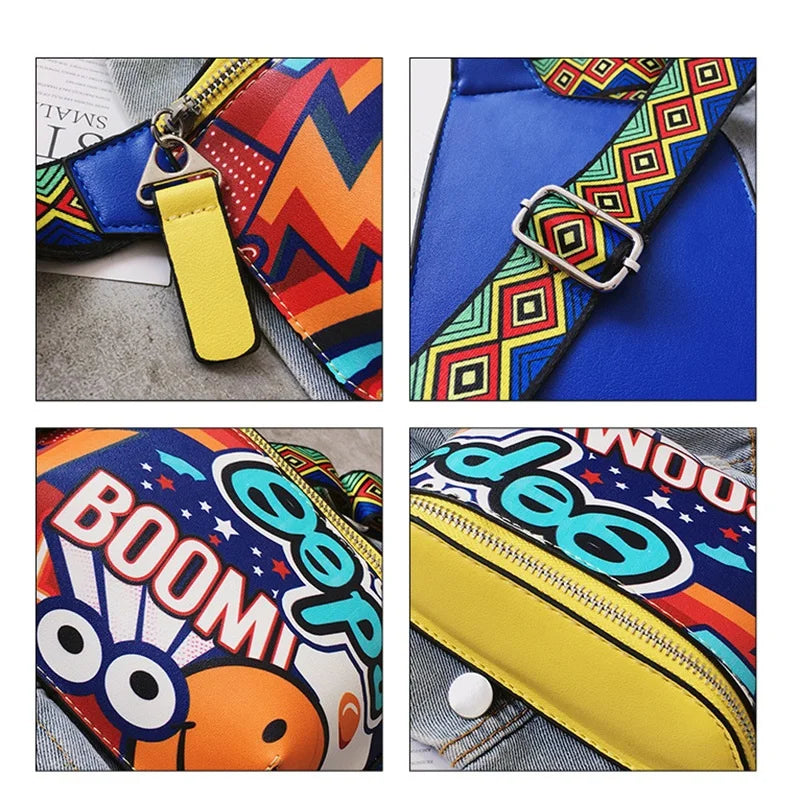 Women Chest Bag Print Graffiti PU Leather Waist Pack Casual Diagonal Female Bags