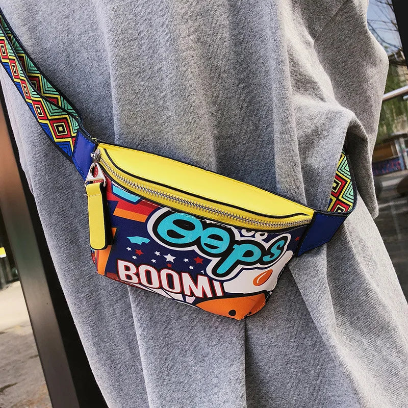 Women Chest Bag Print Graffiti PU Leather Waist Pack Casual Diagonal Female Bags