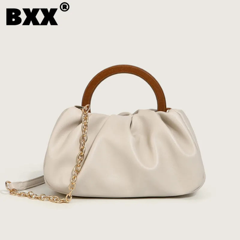 Pleated Cloud Bag with Wooden Handle & Chain Strap