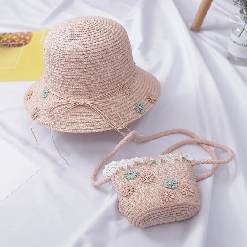 Baby Kid Beach Bucket Cap Straw Sun Hat+Handbag Straw Bag