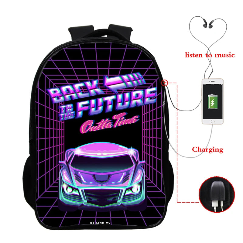 Back to Future Print Backpack Bag 16 Inch USB Students College Teens School Bags