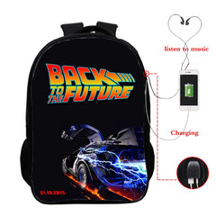Back to Future Print Backpack Bag 16 Inch USB Students College Teens School Bags