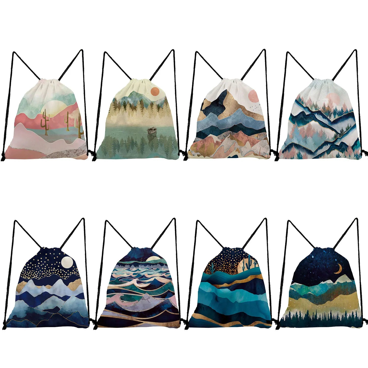 Oil Painting Mountain Forest Print Drawstring Backpack Bag