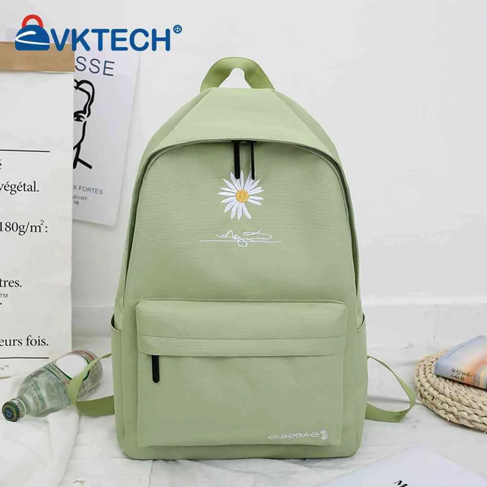 Casual Canvas Book Backpack Green with Daisy Embroidery Large Capacity