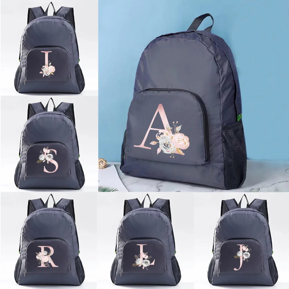 Pink Flower Letter Print Foldable Backpack Ultralight Bag