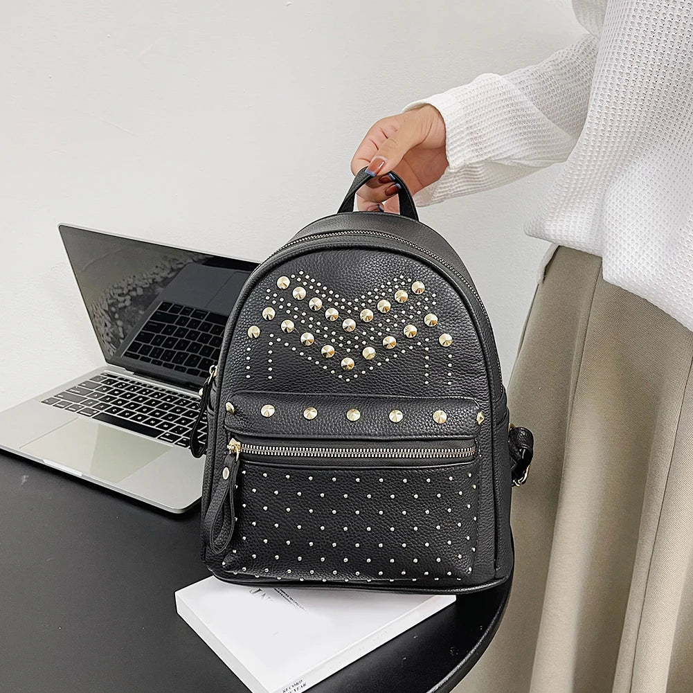 Women PU Leather Rivet Daily Rucksack Casual Travel Ladies Bagpack