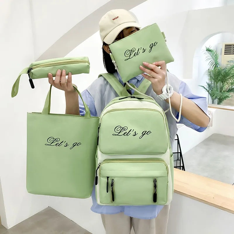 Canvas Women Backpack 4 Pcs Sets School Book Bags for Teenager Girls