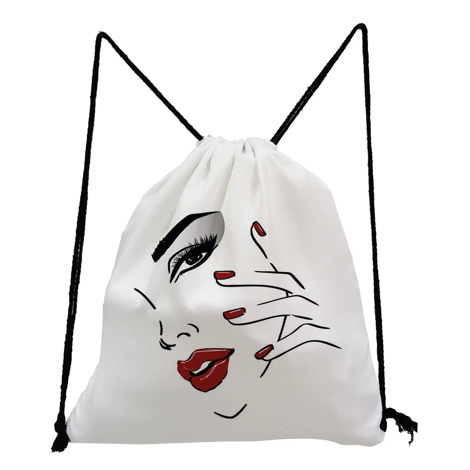 Red Lips Print Drawstring Backpack Hipster Women