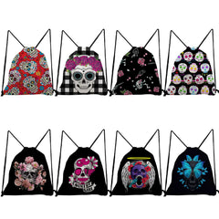 Floral Skull Print Drawstring Pocket Backpack Halloween Candy Bag Shoes Bag