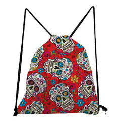 Floral Skull Print Drawstring Pocket Backpack Halloween Candy Bag Shoes Bag