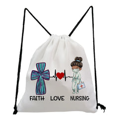 Student Backpack FAITH LOVE NURSING Cartoon Nurse Doctor Drawstring Bag
