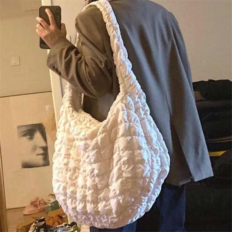 Pleated Handbag Large Capacity Down Bag Big Shoulder Female Solid Space Cotton P