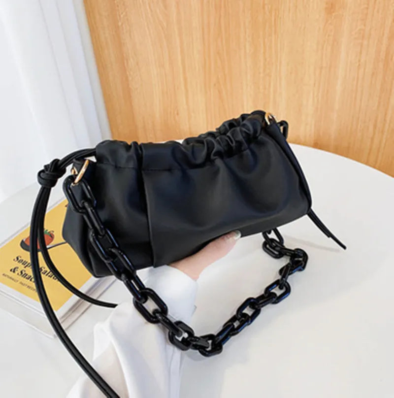 Women's PU Leather Chain Cloud Bag Clutch Shopper Satchel Shoulder Bag