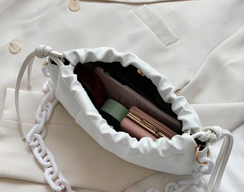 Women's PU Leather Chain Cloud Bag Clutch Shopper Satchel Shoulder Bag