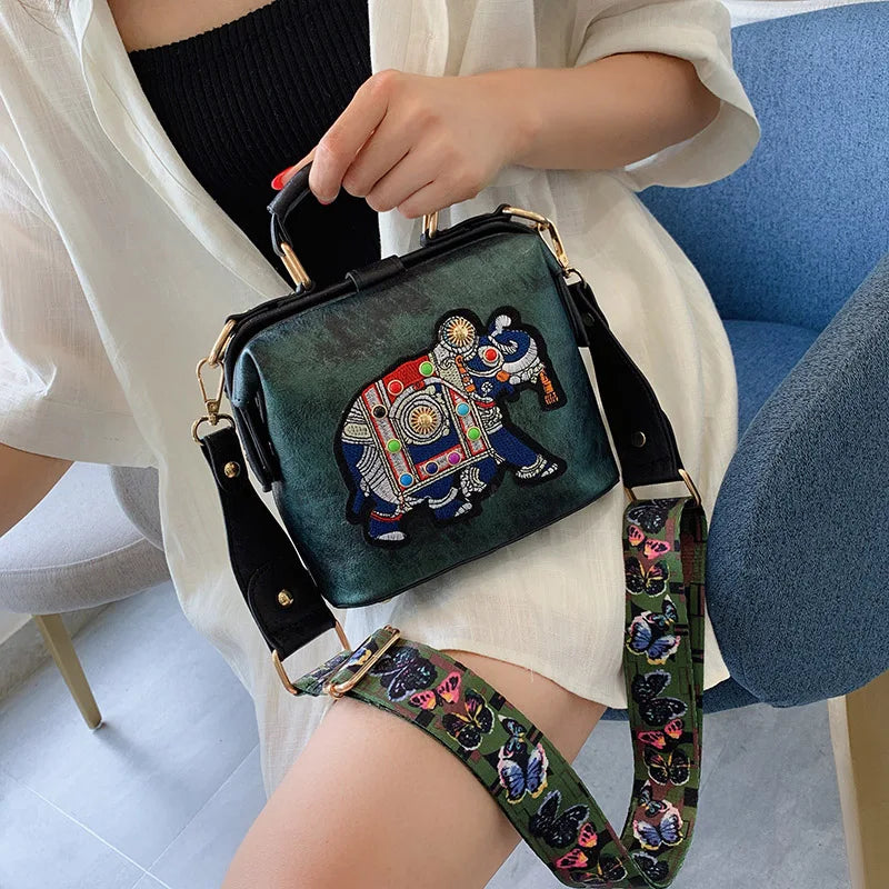 Retro Embroidery Shoulder Bag Wide Strap Crossbody