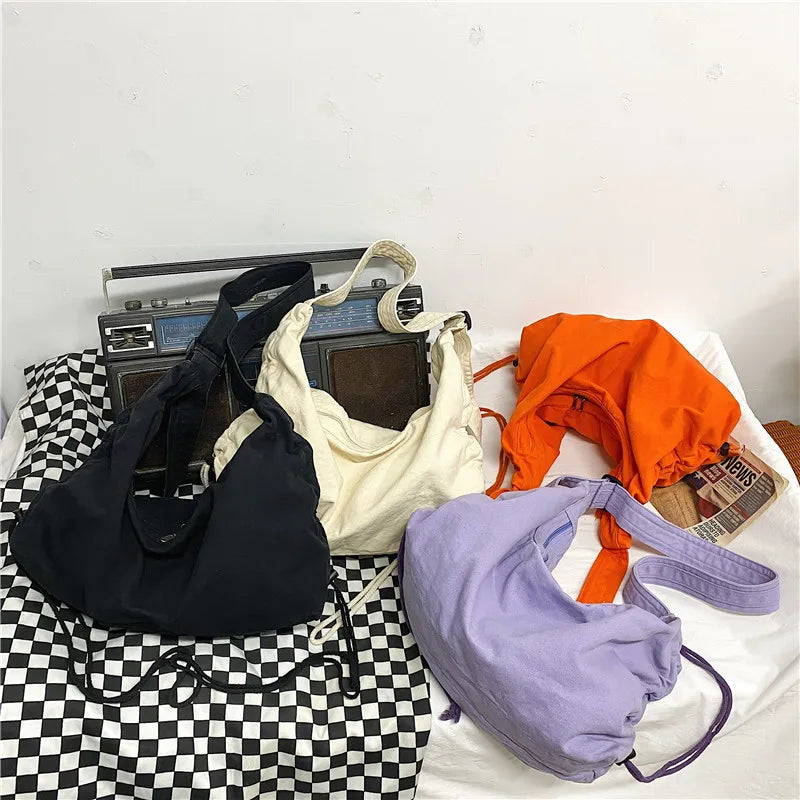 Large-Capacity Folding Canvas Shoulder Bag for Women