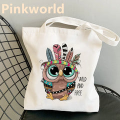 Owl Printed Canvas Shopper Bag Women Shoulder Bag
