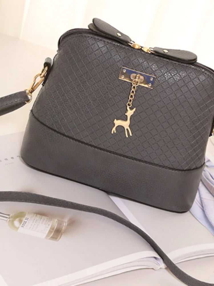 PU Leather Women Bag Quilted Shell Bag Deer Pendant