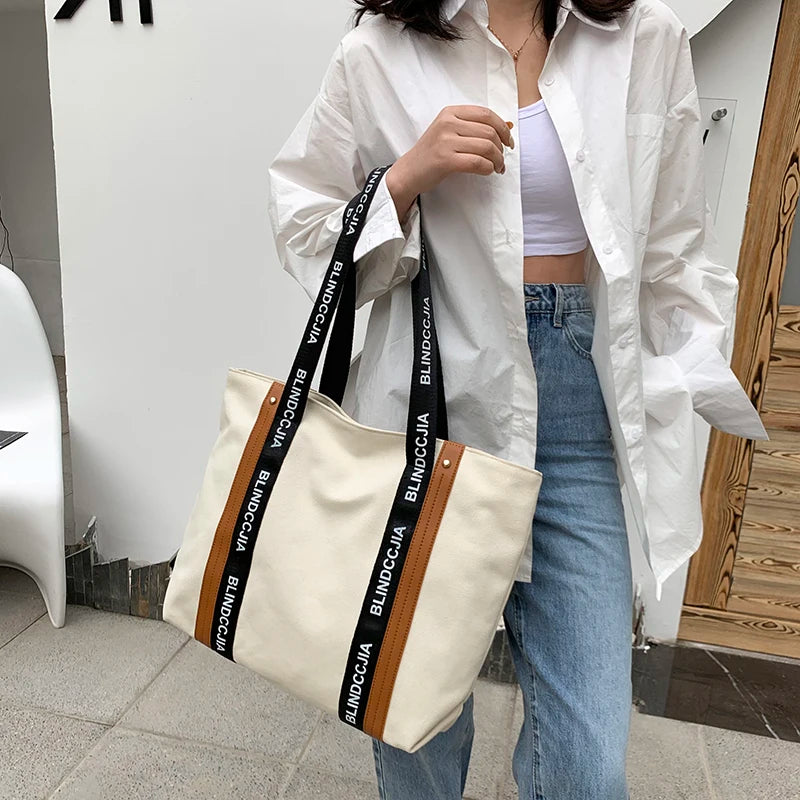 Canvas Shoulder Bag with Letter Strap for Women