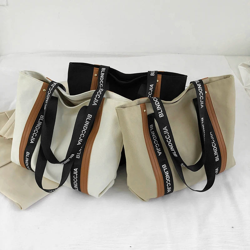 Canvas Shoulder Bag with Letter Strap for Women