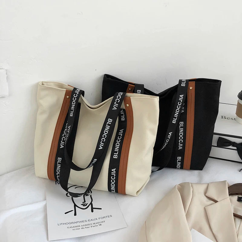 Canvas Shoulder Bag with Letter Strap for Women