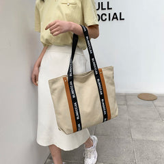 Canvas Shoulder Bag with Letter Strap for Women