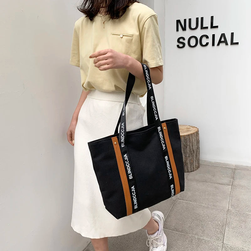 Canvas Shoulder Bag with Letter Strap for Women